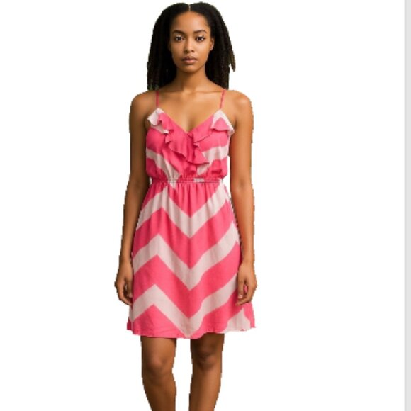 Sequin Hearts Dresses & Skirts - Sequin Hearts Strappy Dress Sz S Pink Tan Chevron Fit Flare Ruffle NEW